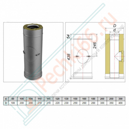 Труба V50R с лючком ревизии с изол L=500 (AISI-321/0,8-AISI-304/0,5) d-120/220 (Вулкан-Cerablanket)